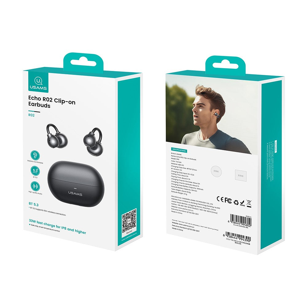 USAMS Echo R02 Clip-On Bluetooth Earphones, Wireless 5.3 Music Headset, 25H Battery Life, Quick Charging