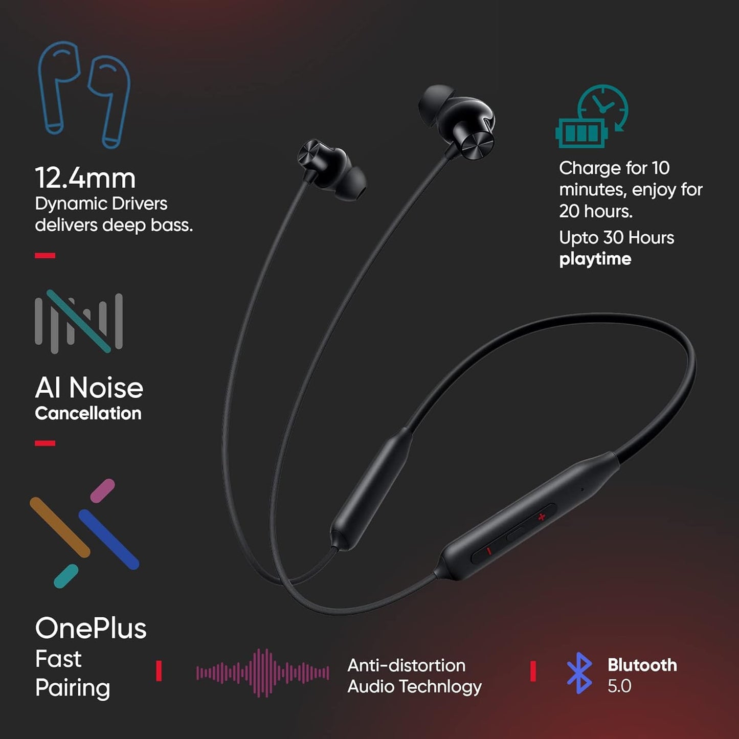 OnePlus Bullets Wireless Z3 in Ear Neckband with 12.4Mm Drivers, 3D Spatial Audio,10 Mins Charge for 27 Hrs Playback, AI Call Noise Cancellation, 4 EQ Preset, Dynamic Bass Enhancement & BT5.4, Black