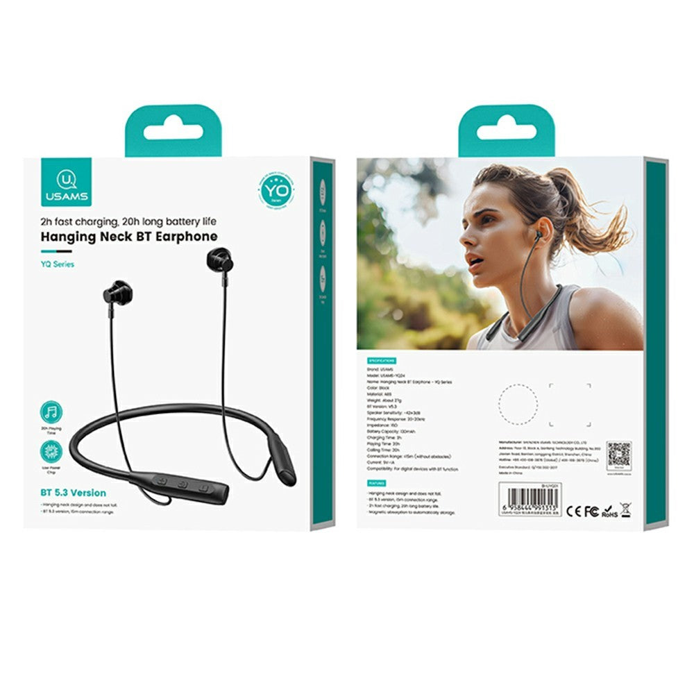 USAMS YQ24 Neckband Bluetooth Earphones (BHUYQ01) — BT 5.3, Magnetic, 20 H Playback