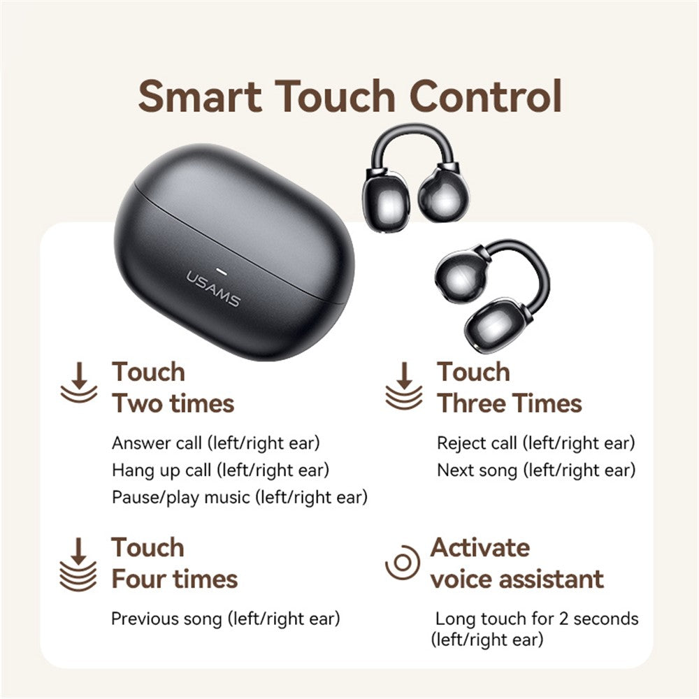 USAMS Echo R02 Clip-On Bluetooth Earphones, Wireless 5.3 Music Headset, 25H Battery Life, Quick Charging